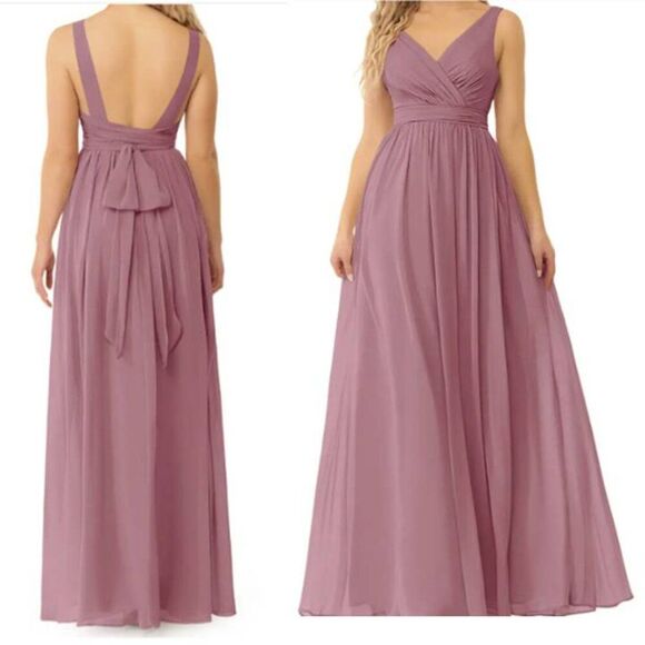 Azazie Elegant V Neck Pleated Chiffon Maxi Dress Prom Bridesmaid Mauve Size 6 - Picture 1 of 9